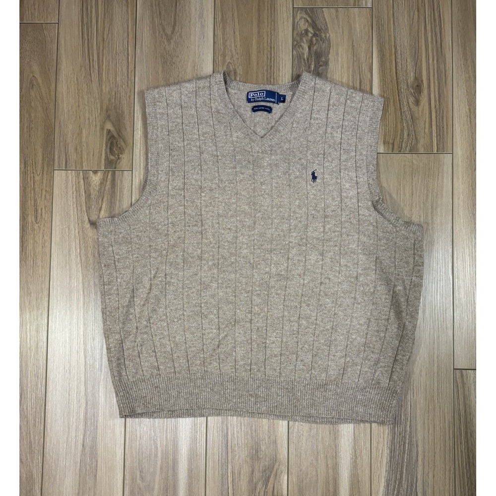 Vtg Polo Ralph Lauren Mens V Neck Sweater Vest Tan Cotton Size L Embroidered